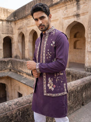 Silk Blend Floral Embroidered Kurta Set with Waistcoat ( 65KPWCS 5535Purple )