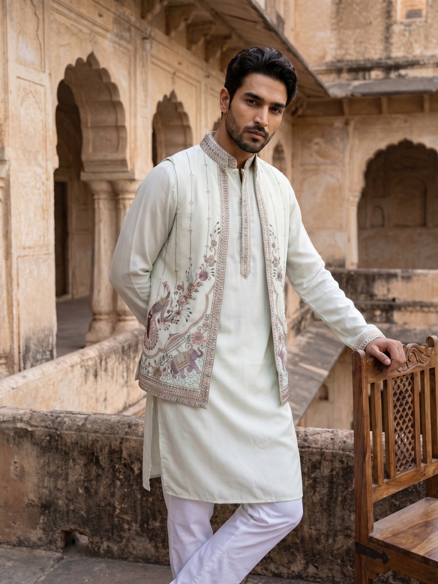 DesiQlo Men Embroidered Nehru Jacket and Kurta Pyjama S - 65KPWCS_5536