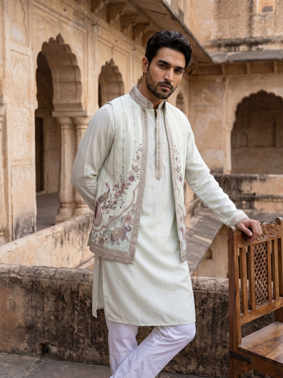 Silk Blend Kurta Pyjama with Embroidered Jacket ( 65KPWCS 5536White )