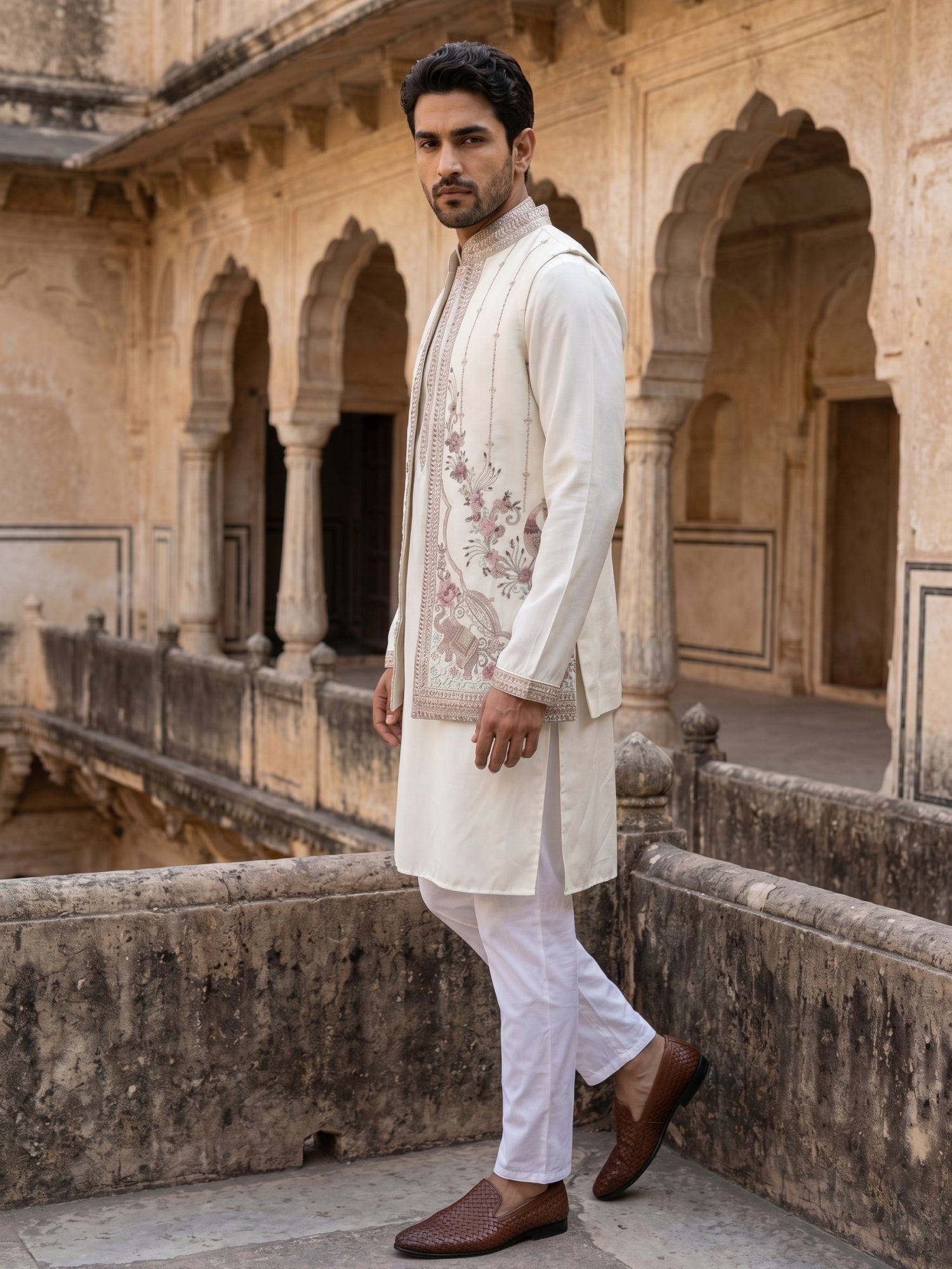 DesiQlo Men Embroidered Nehru Jacket and Kurta Pyjama S - 65KPWCS_5536