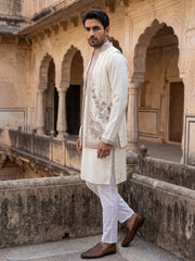 Silk Blend Kurta Pyjama with Embroidered Jacket ( 65KPWCS 5536White )