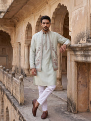 Silk Blend Kurta Pyjama with Embroidered Jacket ( 65KPWCS 5536White )