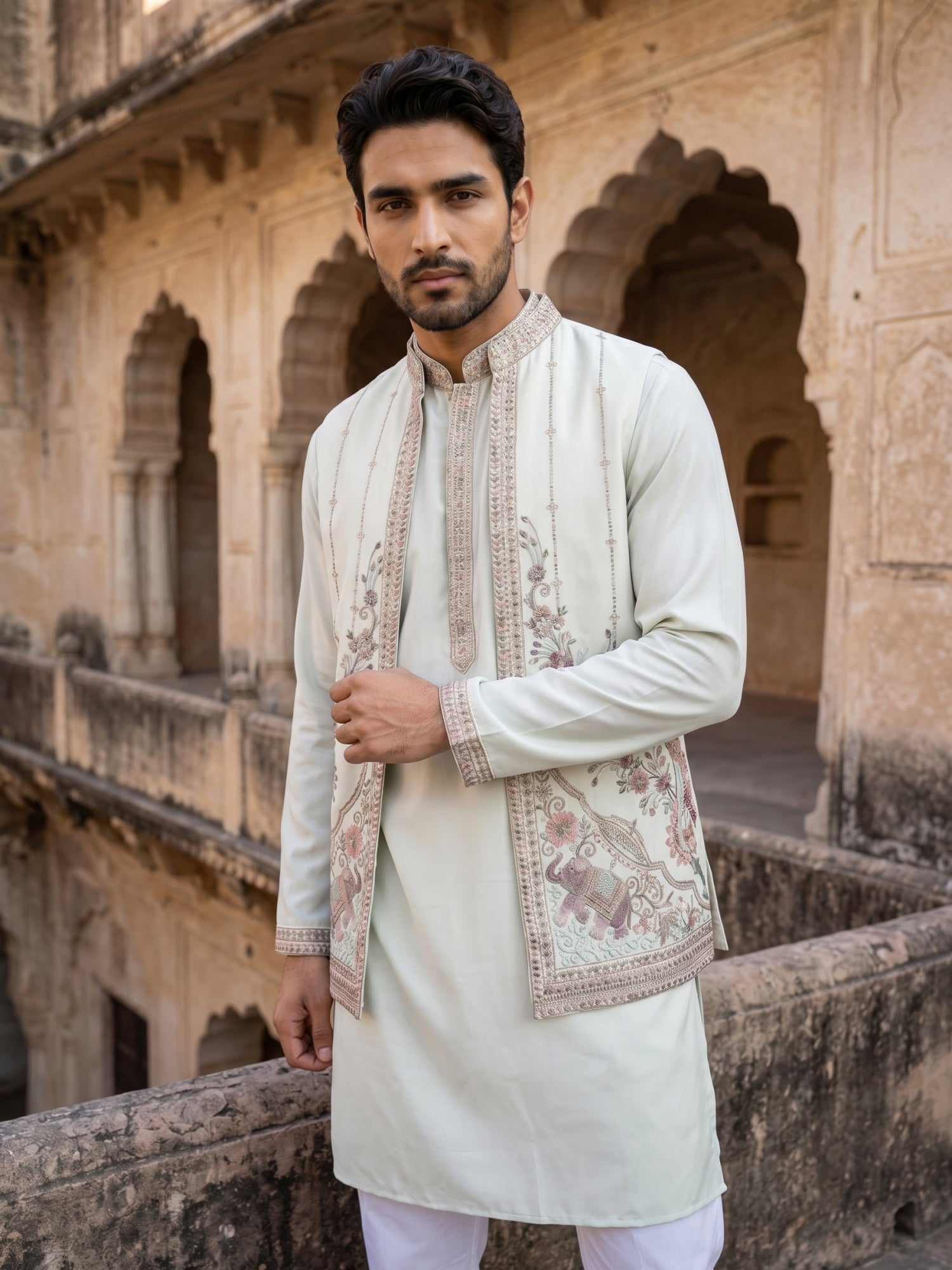 DesiQlo Men Embroidered Nehru Jacket and Kurta Pyjama S - 65KPWCS_5536