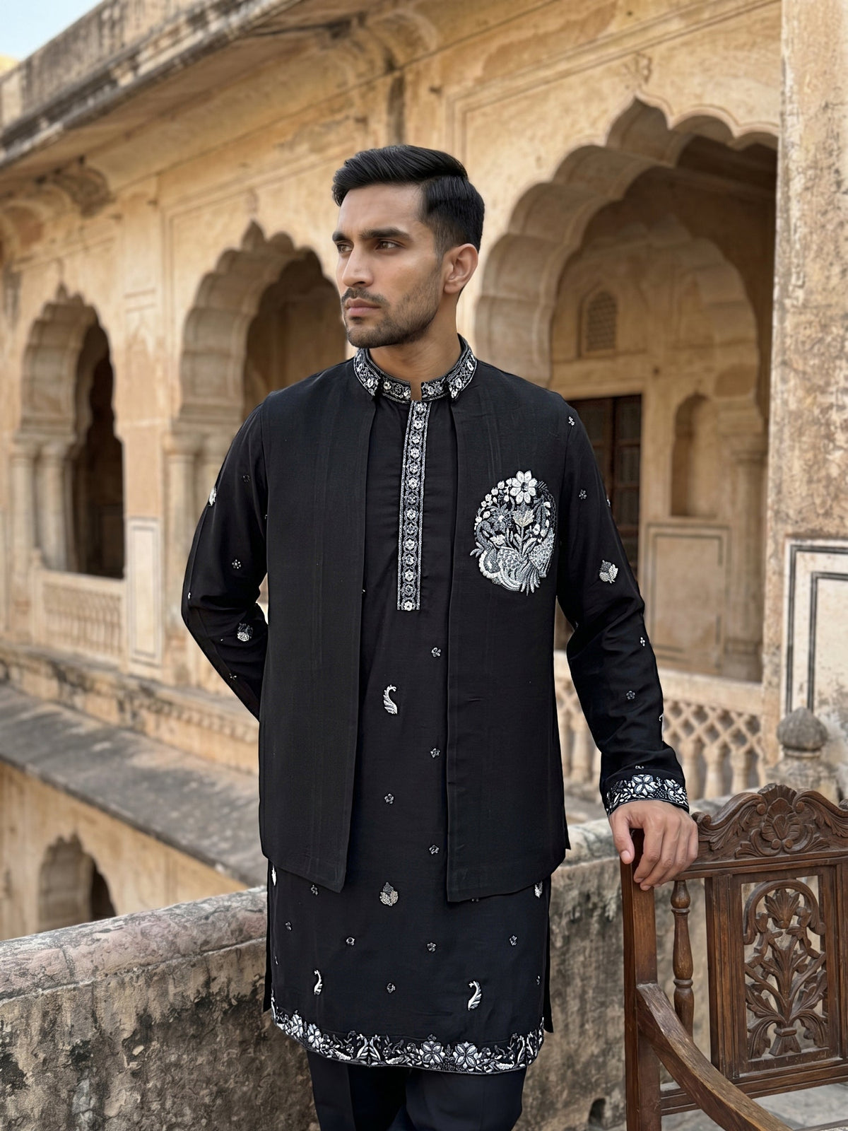Japanese Fabric Floral Embroidered Kurta Pyjama & Waistcoat Set ( 65KPWCS 5556Black ) [FF] [E-4-5]