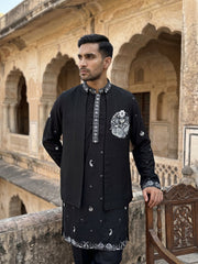 Japanese Fabric Floral Embroidered Kurta Pyjama & Waistcoat Set ( 65KPWCS 5556Black ) [FF] [E-4-5]