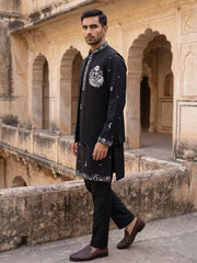 Japanese Fabric Floral Embroidered Kurta Pyjama & Waistcoat Set ( 65KPWCS 5556Black ) [FF] [E-4-5]