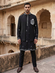 Japanese Fabric Floral Embroidered Kurta Pyjama & Waistcoat Set ( 65KPWCS 5556Black ) [FF] [E-4-5]