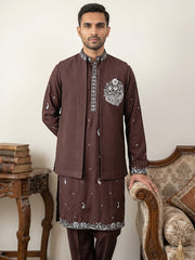 Japanese Fabric Floral Embroidered Kurta Pyjama & Waistcoat Set ( 65KPWCS 5556Wine ) [FF] [E-4-5]