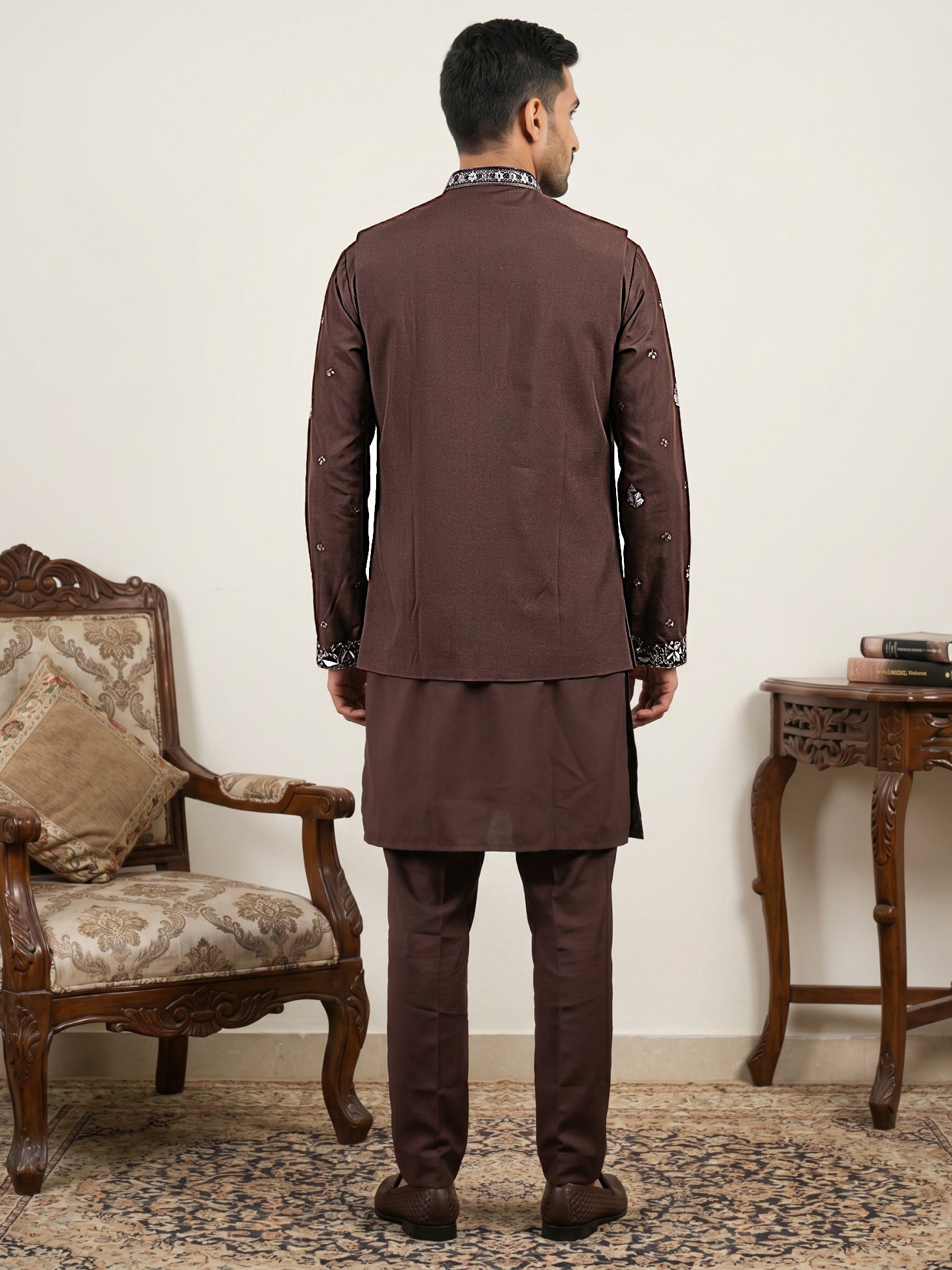 DesiQlo Men Embroidered Nehru Jacket and Kurta Pyjama S - 65KPWCS_5556