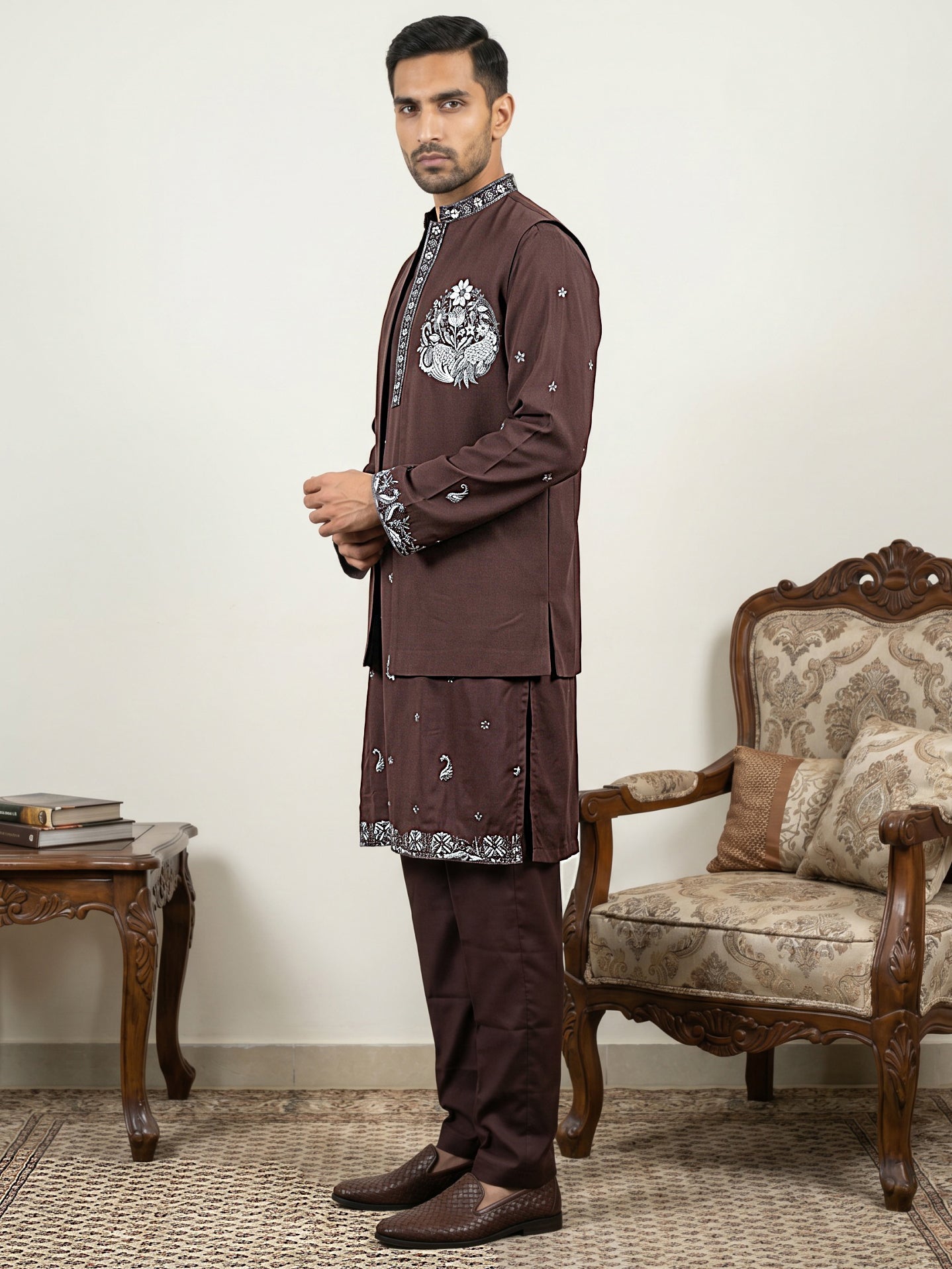 DesiQlo Men Embroidered Nehru Jacket and Kurta Pyjama S - 65KPWCS_5556