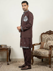 Japanese Fabric Floral Embroidered Kurta Pyjama & Waistcoat Set ( 65KPWCS 5556Wine ) [FF] [E-4-5]