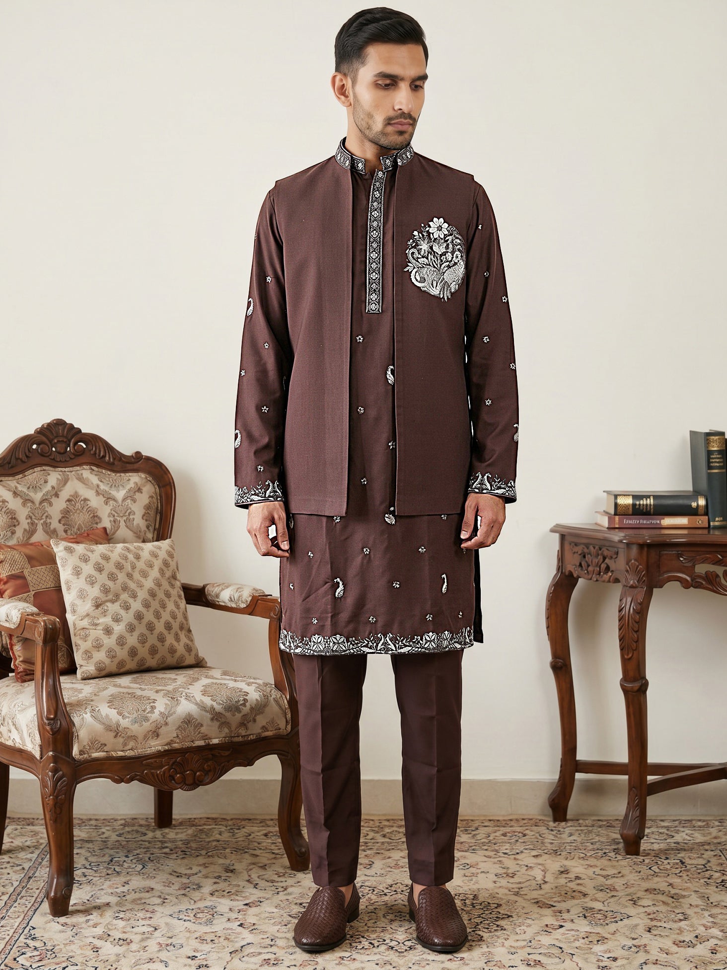 DesiQlo Men Embroidered Nehru Jacket and Kurta Pyjama S - 65KPWCS_5556