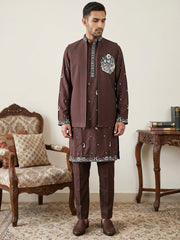 Japanese Fabric Floral Embroidered Kurta Pyjama & Waistcoat Set ( 65KPWCS 5556Wine ) [FF] [E-4-5]