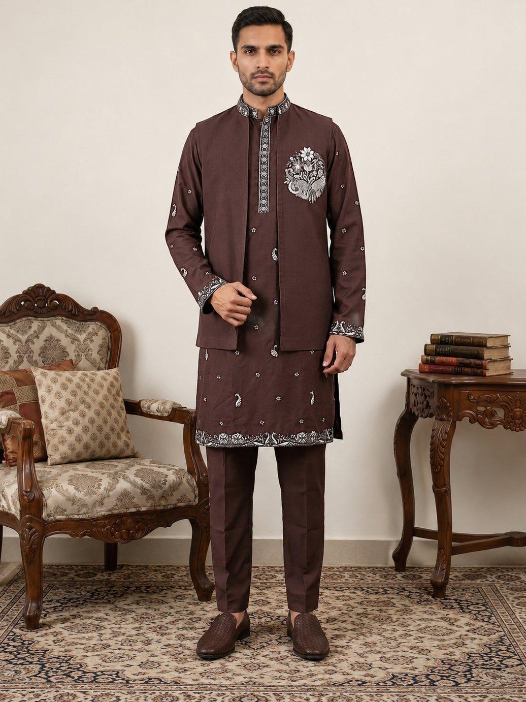 DesiQlo Men Embroidered Nehru Jacket and Kurta Pyjama S - 65KPWCS_5556