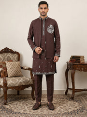 Japanese Fabric Floral Embroidered Kurta Pyjama & Waistcoat Set ( 65KPWCS 5556Wine ) [FF] [E-4-5]