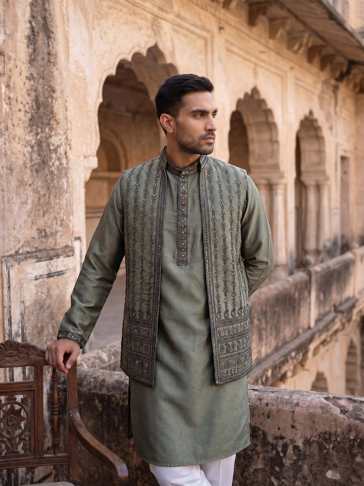 Silk Blend Embroidered Kurta Pyjama & Waistcoat Set ( 65KPWCS 5557Olive ) [FF] [H-12]