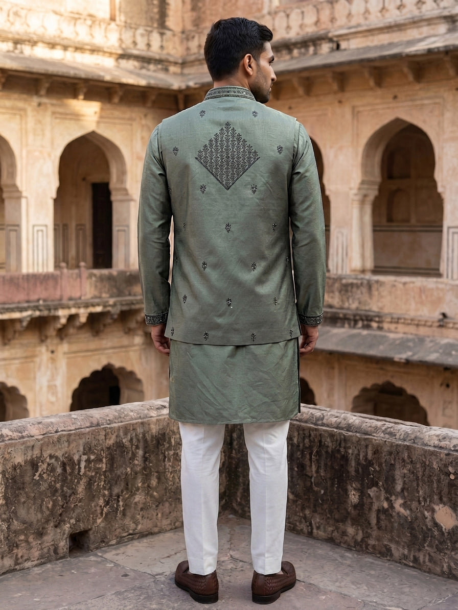 DesiQlo Men Embroidered Nehru Jacket and Kurta Pyjama S - 65KPWCS_5557