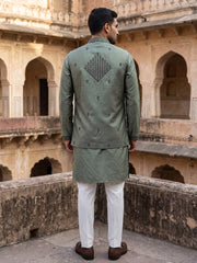 Silk Blend Embroidered Kurta Pyjama & Waistcoat Set ( 65KPWCS 5557Olive ) [FF] [H-12]