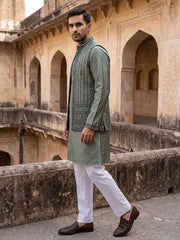 Silk Blend Embroidered Kurta Pyjama & Waistcoat Set ( 65KPWCS 5557Olive ) [FF] [H-12]