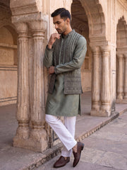 Silk Blend Embroidered Kurta Pyjama & Waistcoat Set ( 65KPWCS 5557Olive ) [FF] [H-12]