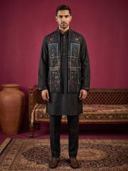 Cotton Blend Embroidered Kurta Pyjama & Waistcoat Set ( 65KPWCS 5558Black ) [FF] [E-4-5]