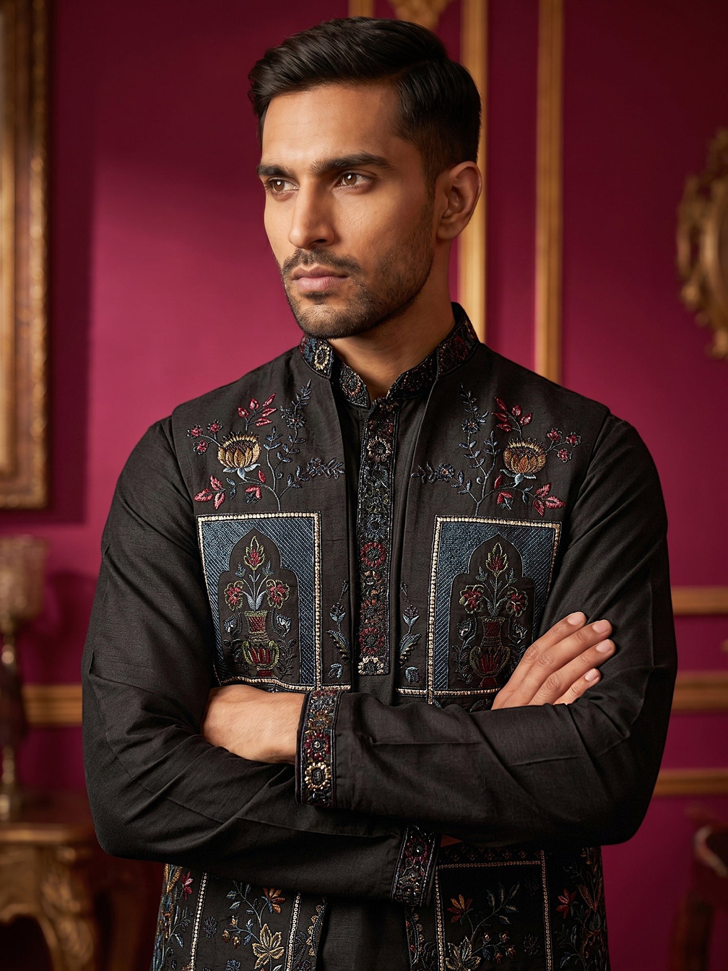 DesiQlo Men Embroidered Nehru Jacket and Kurta Pyjama S - 65KPWCS_5558
