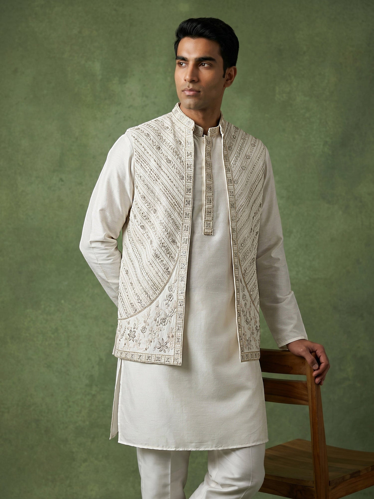 Silk Blend Embroidered Kurta Pyjama & Waistcoat Set ( 65KPWCS 5559White ) [FF] [H-12]