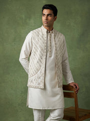 Silk Blend Embroidered Kurta Pyjama & Waistcoat Set ( 65KPWCS 5559White ) [FF] [H-12]