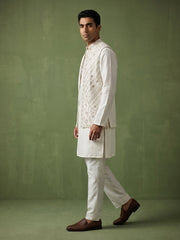 Silk Blend Embroidered Kurta Pyjama & Waistcoat Set ( 65KPWCS 5559White ) [FF] [H-12]
