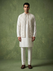 Silk Blend Embroidered Kurta Pyjama & Waistcoat Set ( 65KPWCS 5559White ) [FF] [H-12]