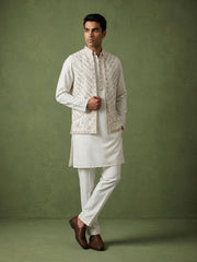 Silk Blend Embroidered Kurta Pyjama & Waistcoat Set ( 65KPWCS 5559White ) [FF] [H-12]