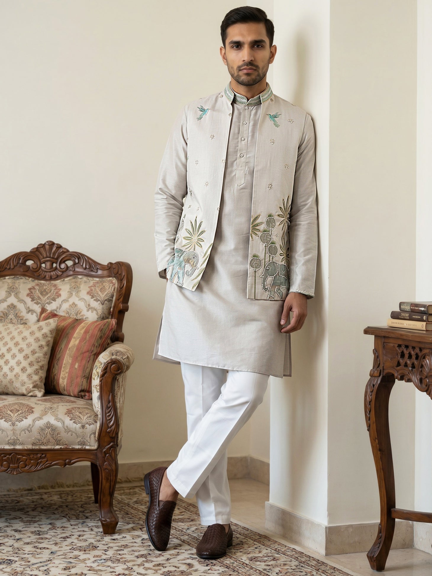DesiQlo Men Embroidered Nehru Jacket and Kurta Pyjama S - 65KPWCS_5560
