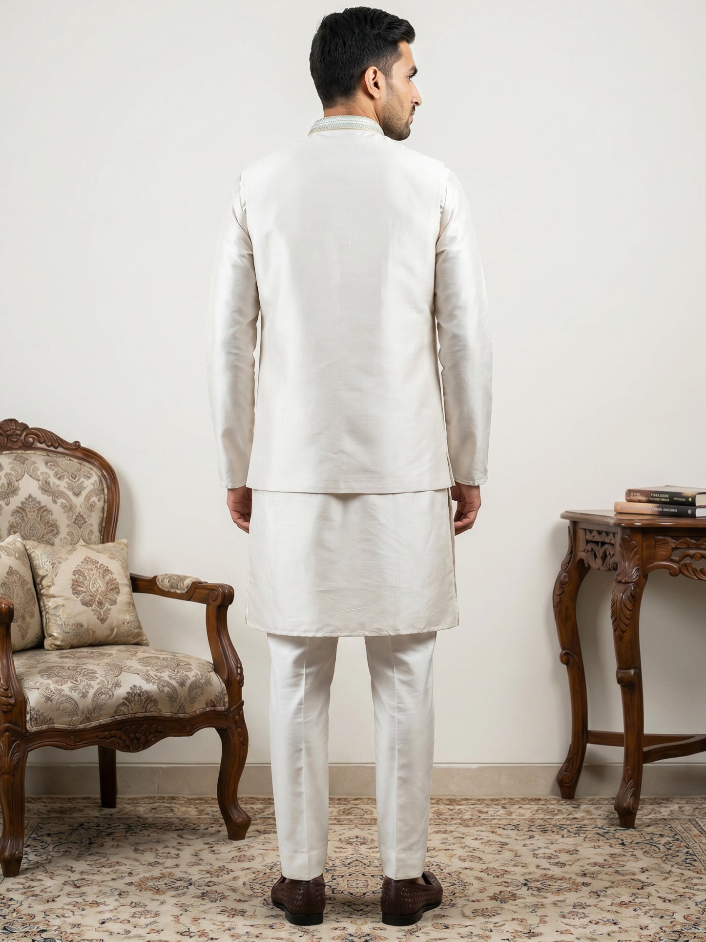 DesiQlo Men Embroidered Nehru Jacket and Kurta Pyjama S - 65KPWCS_5560