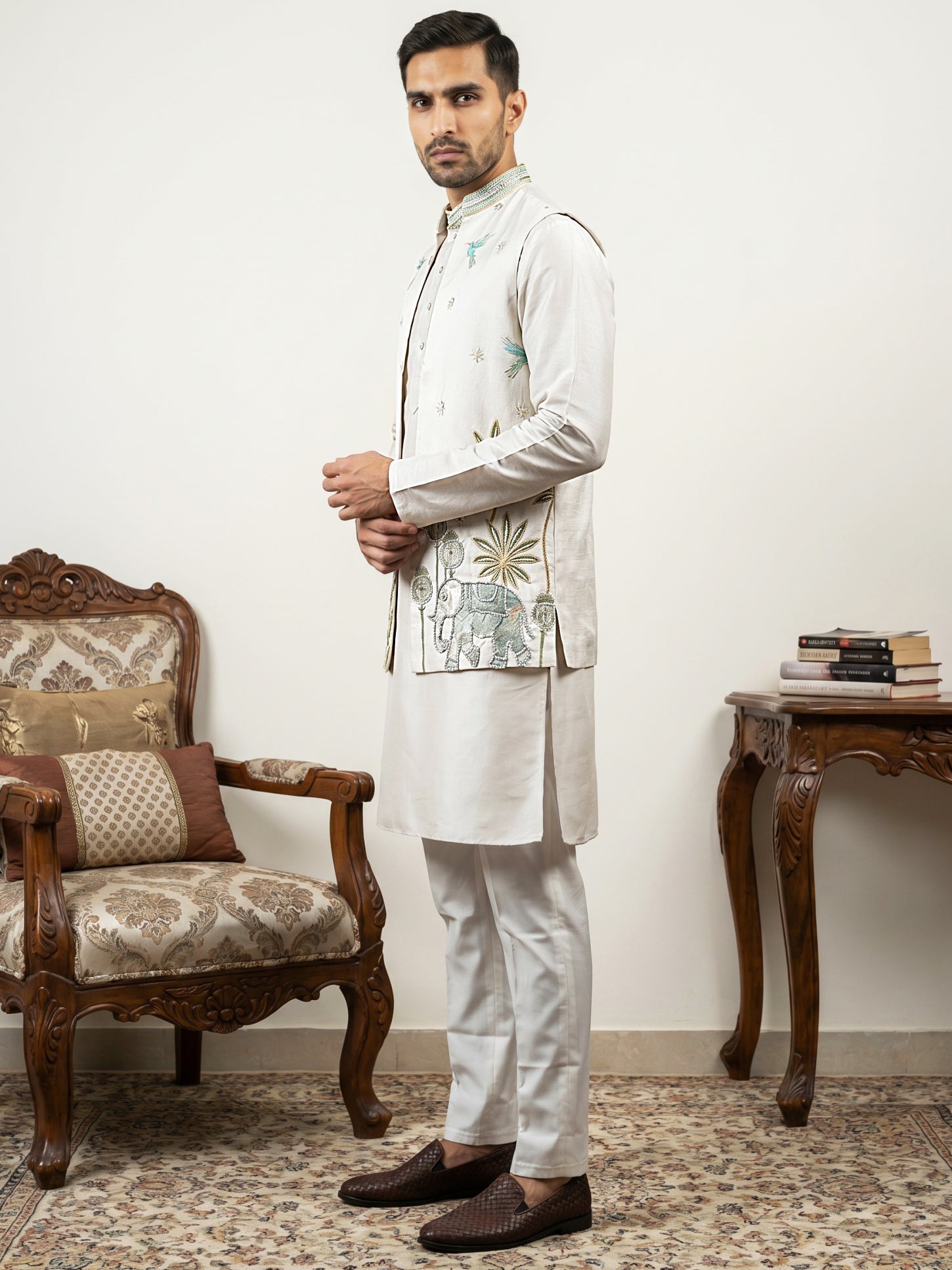 DesiQlo Men Embroidered Nehru Jacket and Kurta Pyjama S - 65KPWCS_5560