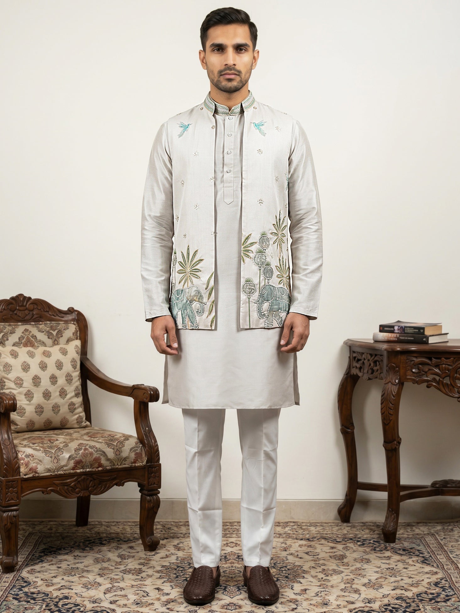 DesiQlo Men Embroidered Nehru Jacket and Kurta Pyjama S - 65KPWCS_5560