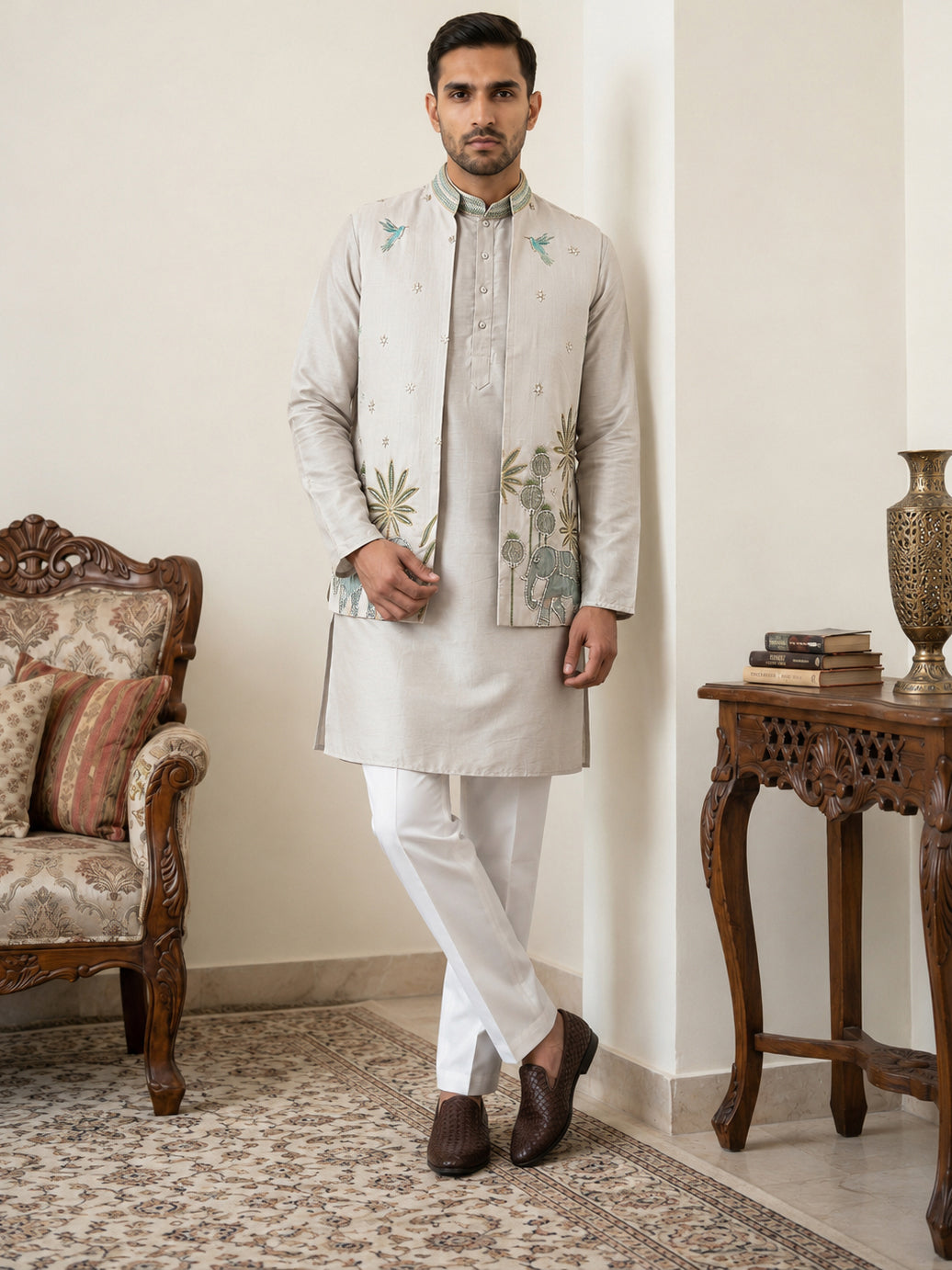 DesiQlo Men Embroidered Nehru Jacket and Kurta Pyjama S - 65KPWCS_5560
