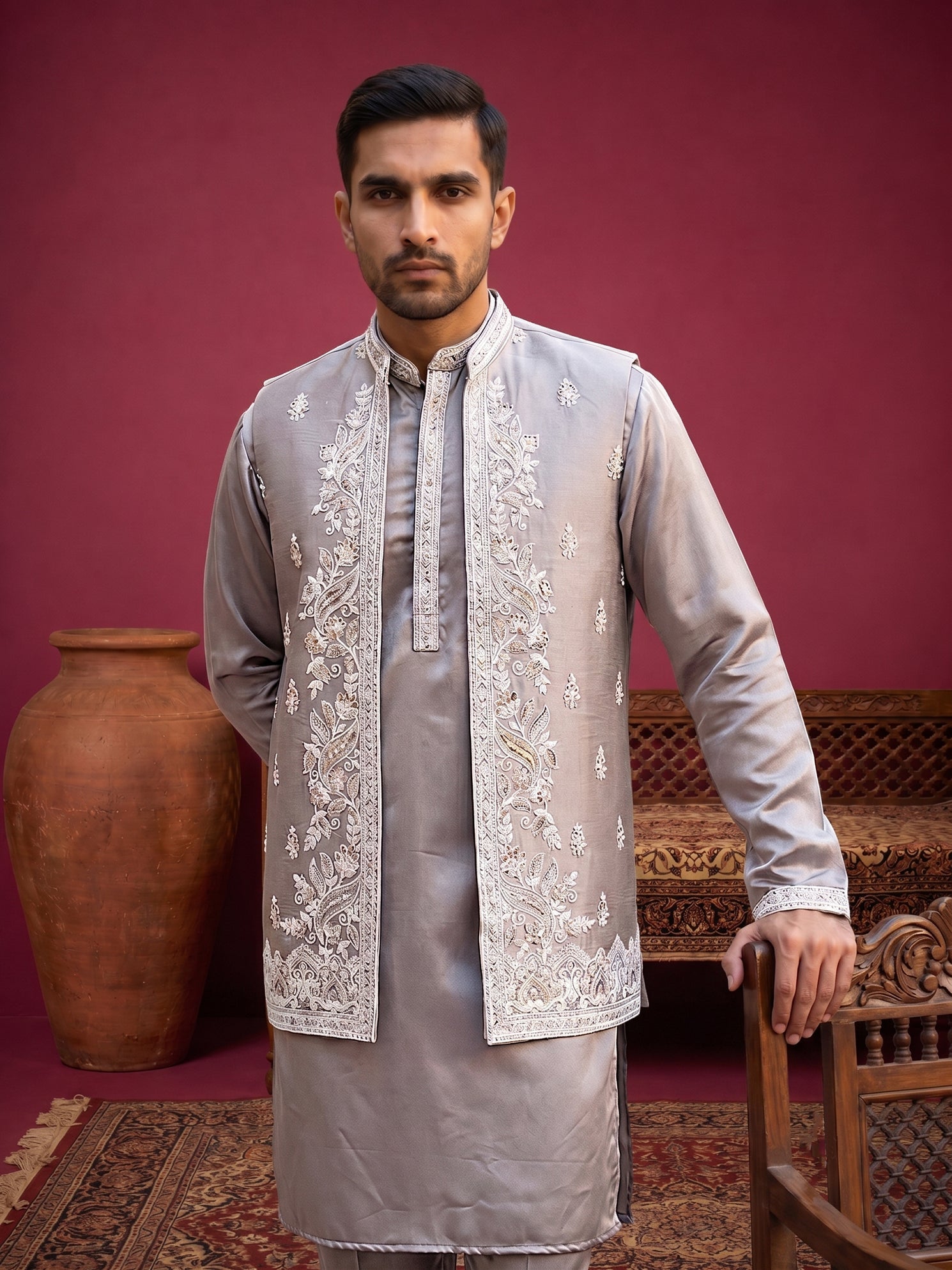 DesiQlo Men Embroidered Nehru Jacket and Kurta Pyjama Set - Gold