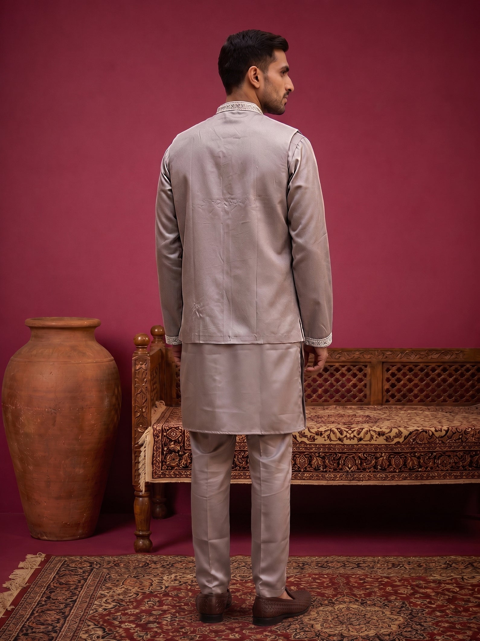 DesiQlo Men Embroidered Nehru Jacket and Kurta Pyjama Set - Gold