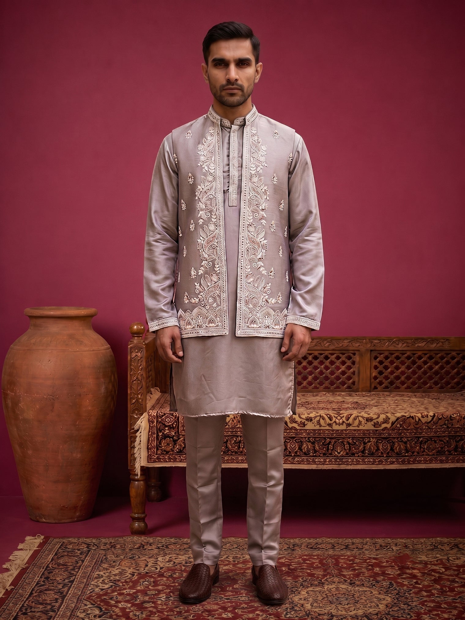 DesiQlo Men Embroidered Nehru Jacket and Kurta Pyjama Set - Gold