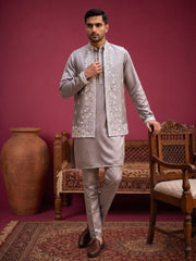 Men's Silk Blend Embroidered Nehru Jacket with Kurta & Pyjama Set ( 65KPWCS 5561Bronze ) [FF] [H-12]