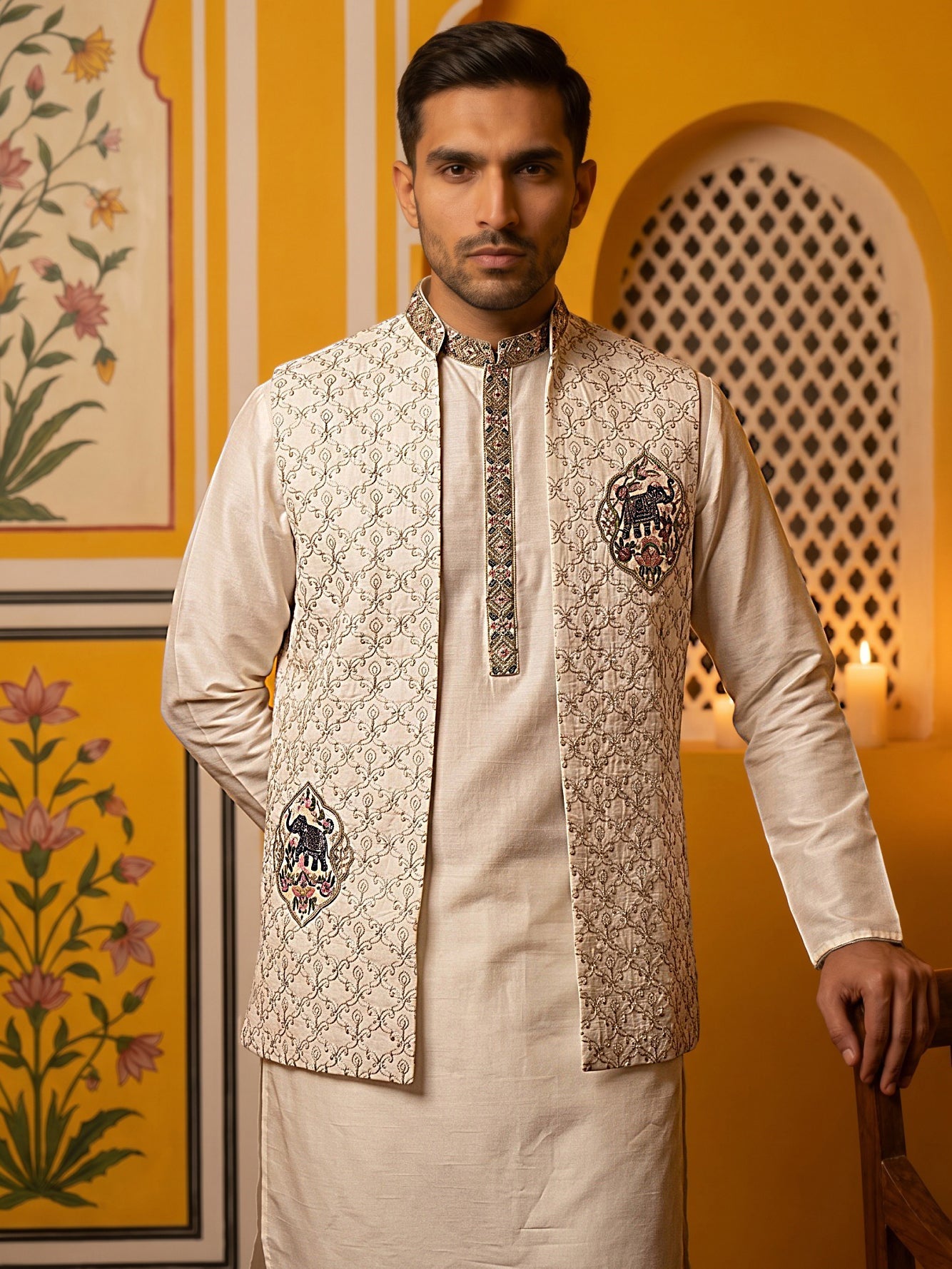 DesiQlo Men Embroidered Nehru Jacket and Kurta Pyjama S - 65KPWCS_5562