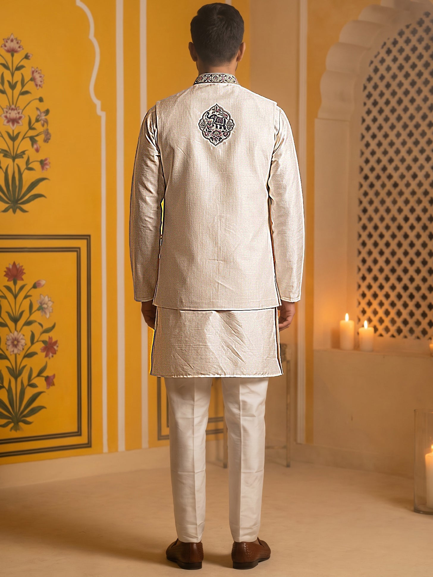 DesiQlo Men Embroidered Nehru Jacket and Kurta Pyjama S - 65KPWCS_5562