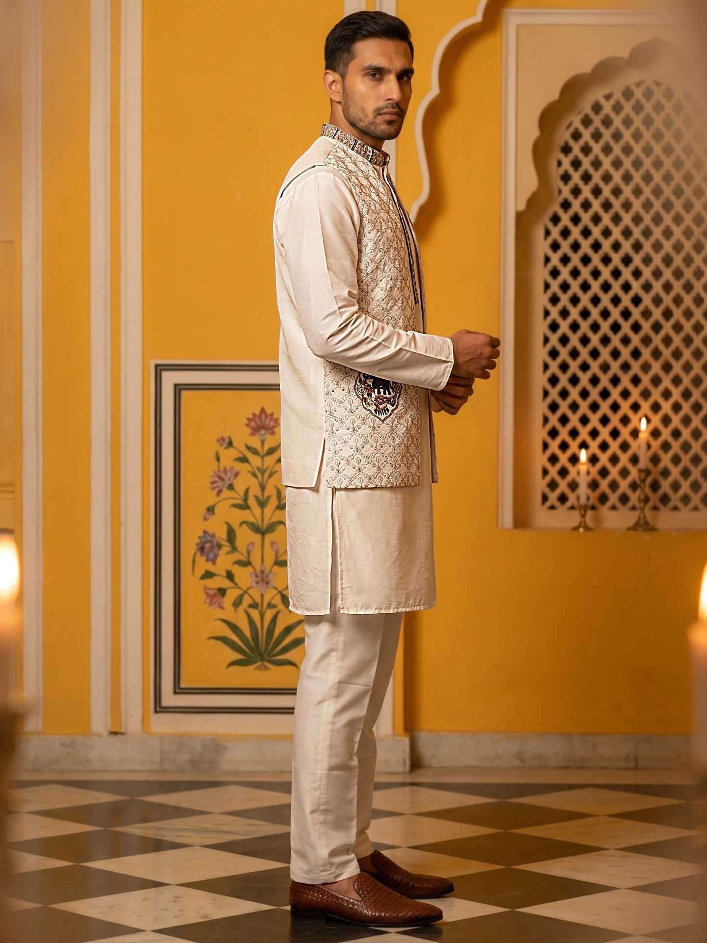 DesiQlo Men Embroidered Nehru Jacket and Kurta Pyjama S - 65KPWCS_5562