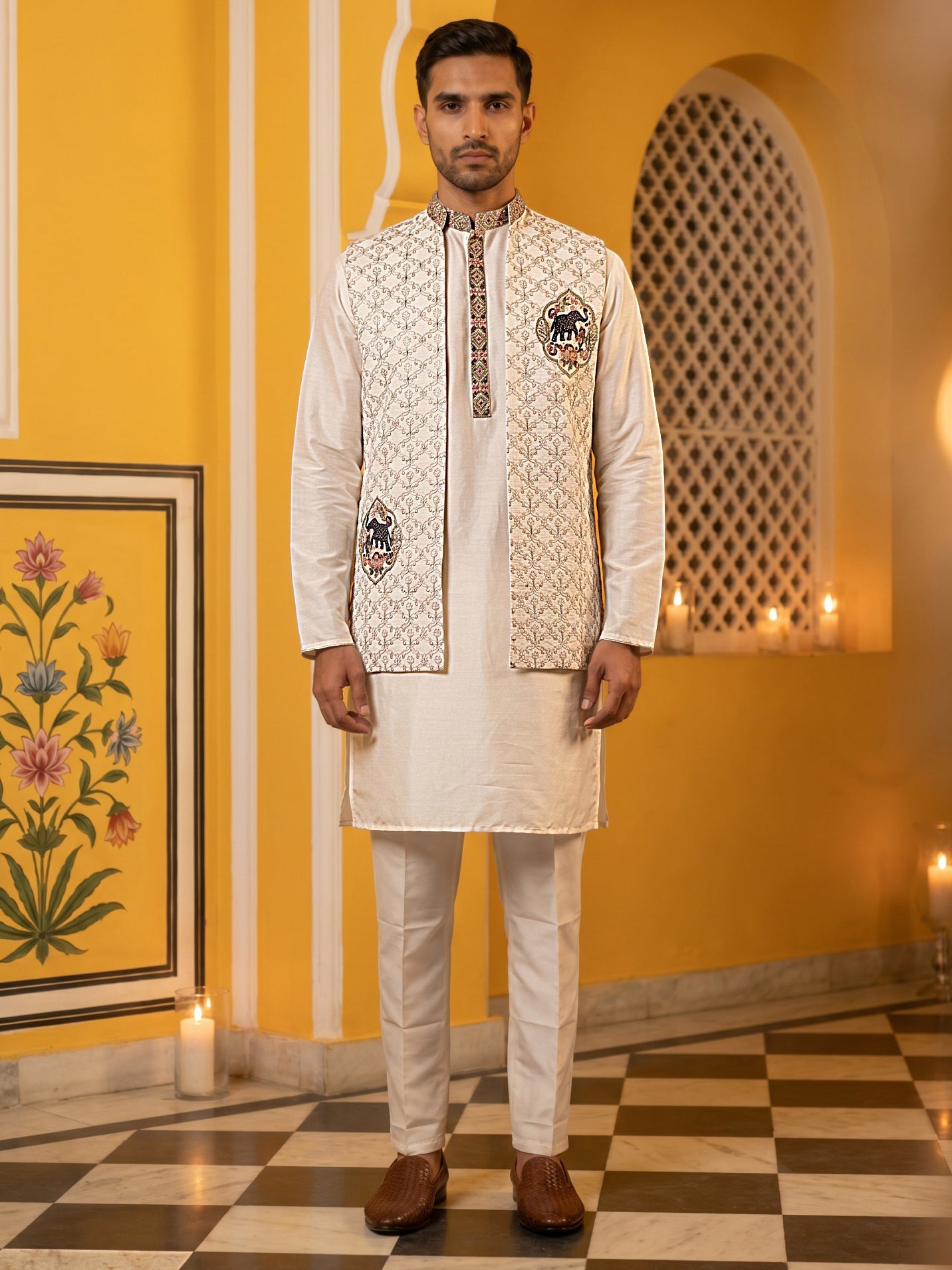 DesiQlo Men Embroidered Nehru Jacket and Kurta Pyjama S - 65KPWCS_5562
