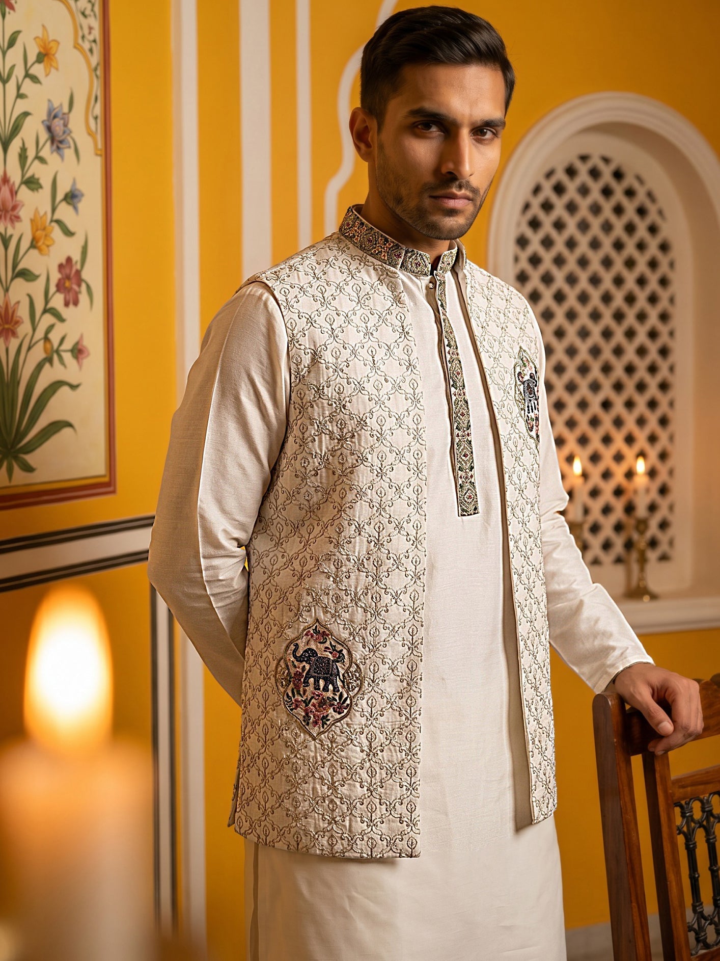 DesiQlo Men Embroidered Nehru Jacket and Kurta Pyjama S - 65KPWCS_5562