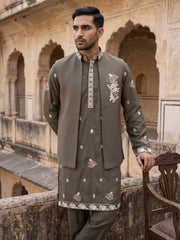 Japanese Fabric Floral Embroidered Kurta Pyjama & Waistcoat Set ( 65KPWCS 5563Brown ) [FF] [E-4]