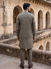 Japanese Fabric Floral Embroidered Kurta Pyjama & Waistcoat Set ( 65KPWCS 5563Brown ) [FF] [E-4]