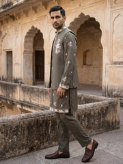 Japanese Fabric Floral Embroidered Kurta Pyjama & Waistcoat Set ( 65KPWCS 5563Brown ) [FF] [E-4]