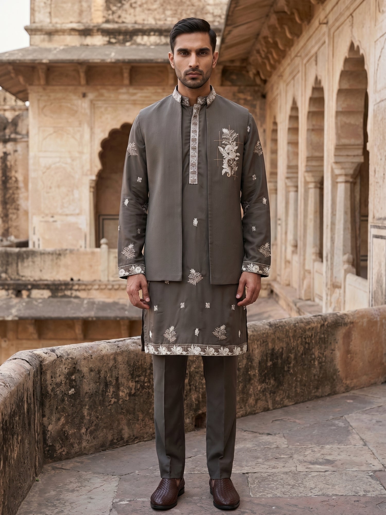 DesiQlo Men Embroidered Nehru Jacket and Kurta Pyjama S - 65 3brown