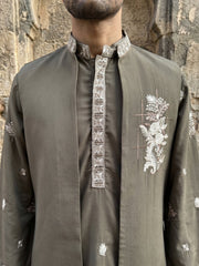 Japanese Fabric Floral Embroidered Kurta Pyjama & Waistcoat Set ( 65KPWCS 5563Brown ) [FF] [E-4]